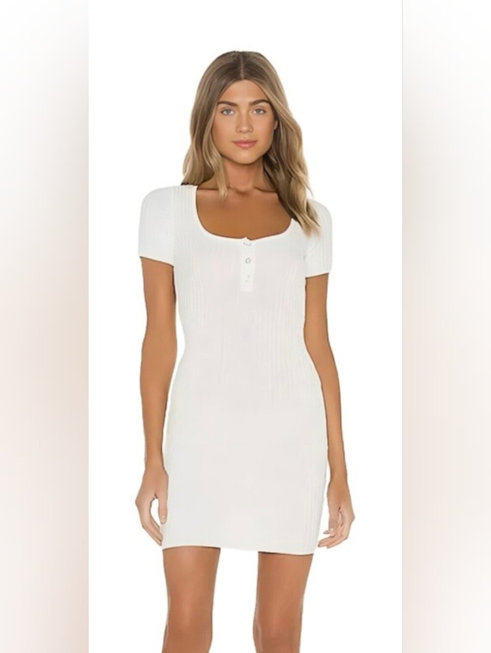 superdown white Ivory Ribbed Scoop-Neck Henley Short Sleeve Dress